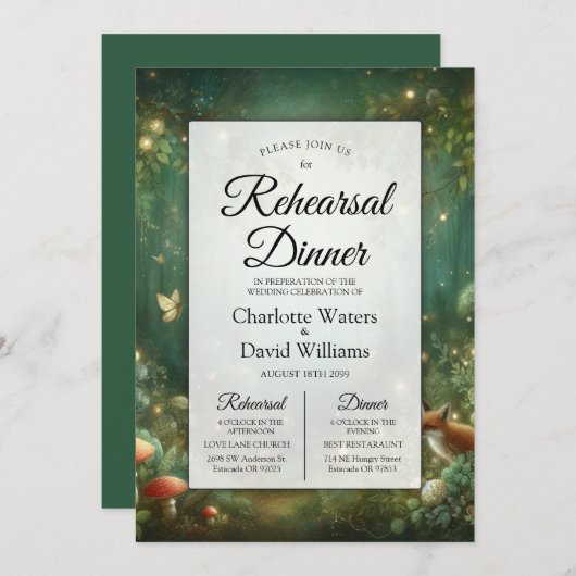 Emerald Green Enchanted Forest Rehearsal Dinner 招待状 (正面/裏面)