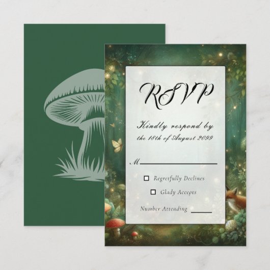 Emerald Green Enchanted Forest Wedding 出欠カード (正面/裏面)