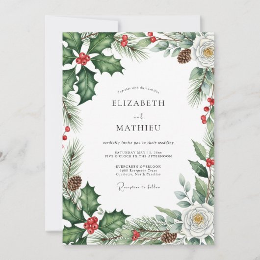Emerald Green Evergreen Winter Wedding 招待状 (正面)
