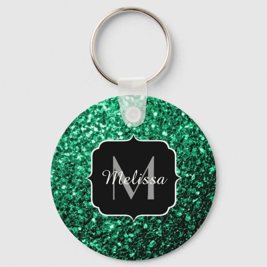 Emerald Green faux glitter sparkles Monogram キーホルダー (正面)