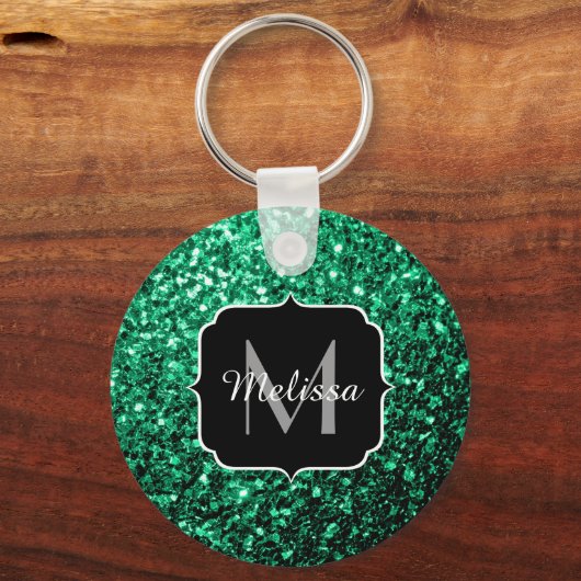 Emerald Green faux glitter sparkles Monogram キーホルダー (正面)