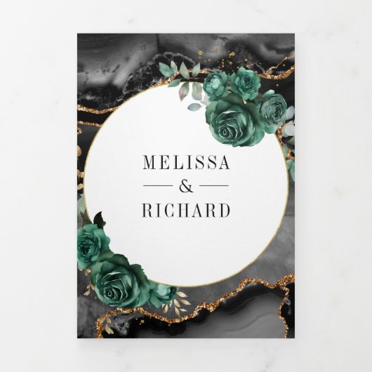 Emerald Green Floral Black Marble QR Code Wedding 三つ折り招待状 (カバー)