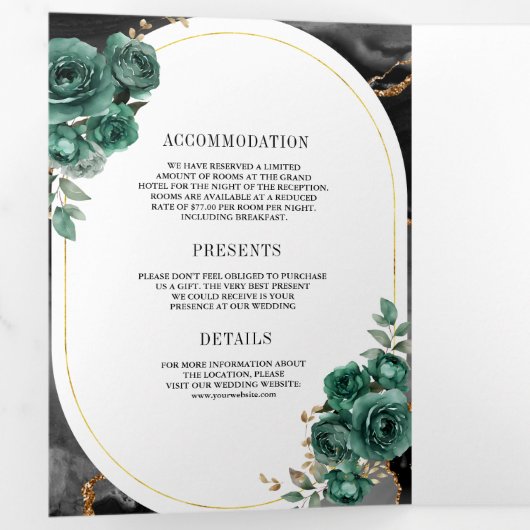Emerald Green Floral Black Marble QR Code Wedding 三つ折り招待状 (内部最初)
