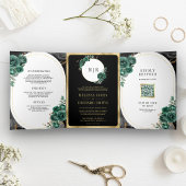 Emerald Green Floral Black Marble QR Code Wedding 三つ折り招待状