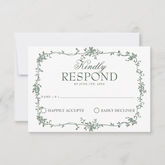 Emerald Green Floral Boho Old Money Wedding RSVP C (正面)