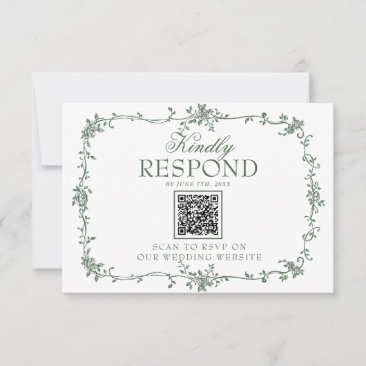 Emerald Green Floral Boho QR Code Wedding RSVP (正面)