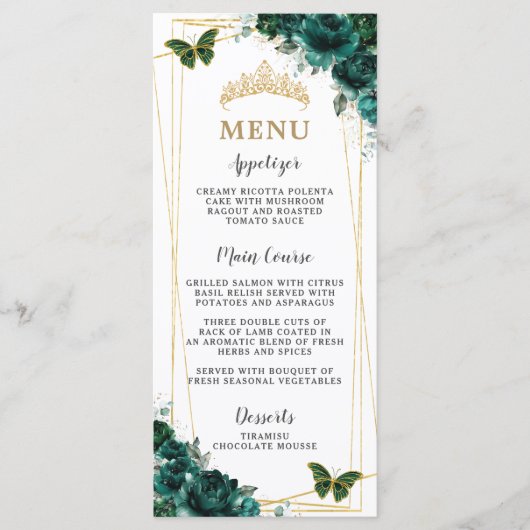Emerald Green Floral Butterflies Quinceanera Menu プログラム (正面)