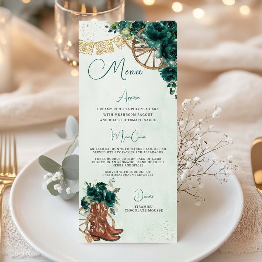 Emerald Green Floral Charro Quinceañera XV Menu プログラム