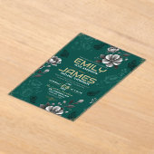 Emerald Green Floral Elegant Sage Gold Botanical アクリル招待状 (レイダウン)