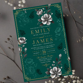 Emerald Green Floral Elegant Sage Gold Botanical アクリル招待状