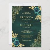 Emerald Green Floral Gold Lace QR Code Wedding 招待状 (正面)