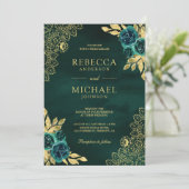 Emerald Green Floral Gold Lace QR Code Wedding 招待状 (スタンド正面)