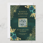 Emerald Green Floral Gold Lace QR Code Wedding 招待状 (裏面)
