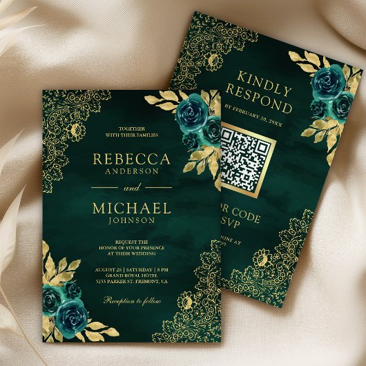 Emerald Green Floral Gold Lace QR Code Wedding 招待状