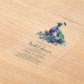 Emerald Green Floral Peacock Bridal Shower アクリル招待状 (レイダウン)