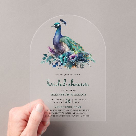 Emerald Green Floral Peacock Bridal Shower アクリル招待状 (インサイチュ (ポータブル))