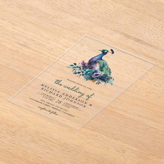 Emerald Green Floral Peacock Wedding アクリル招待状 (レイダウン)