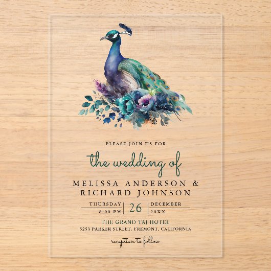 Emerald Green Floral Peacock Wedding アクリル招待状 (正面)
