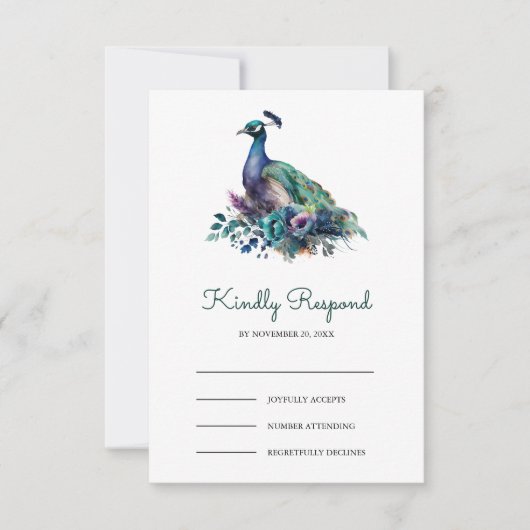Emerald Green Floral Peacock Wedding 出欠カード (正面)