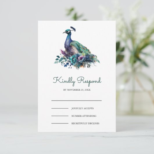 Emerald Green Floral Peacock Wedding 出欠カード (スタンド正面)