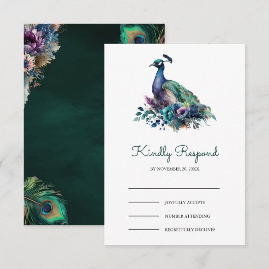 Emerald Green Floral Peacock Wedding 出欠カード (正面/裏面)