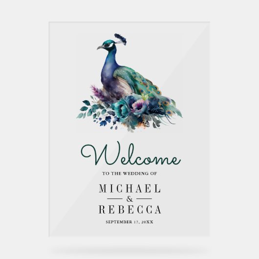 Emerald Green Floral Peacock Wedding Welcome アクリルサイン (正面)