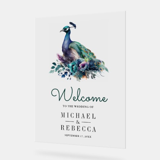 Emerald Green Floral Peacock Wedding Welcome アクリルサイン (傾斜)