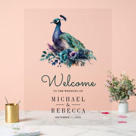 Emerald Green Floral Peacock Wedding Welcome アクリルサイン (ウェディング)