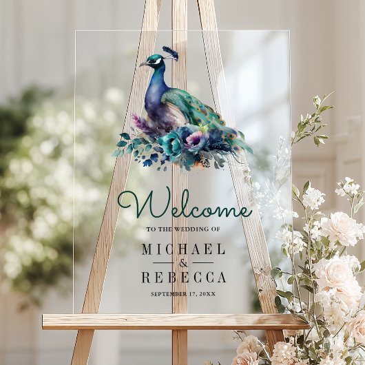 Emerald Green Floral Peacock Wedding Welcome アクリルサイン