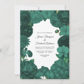 Emerald Green Floral Photo and QR Code Wedding 招待状 (正面)