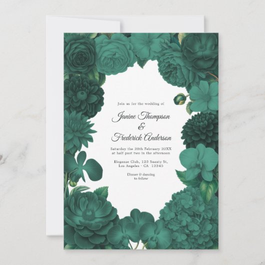 Emerald Green Floral Photo and QR Code Wedding 招待状 (正面)