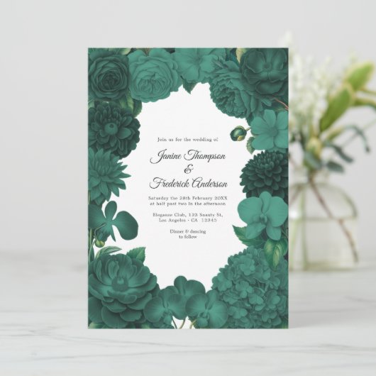 Emerald Green Floral Photo and QR Code Wedding 招待状 (スタンド正面)