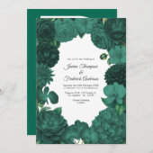 Emerald Green Floral Photo and QR Code Wedding 招待状 (正面/裏面)