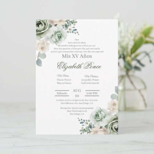 Emerald green floral Quinceañera 招待状 (スタンド正面)