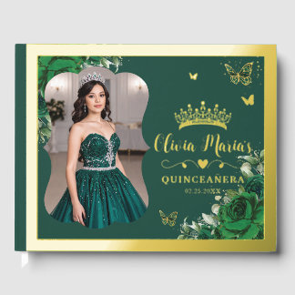 Emerald Green Floral Quinceanera 15 Sweet 16 Photo ゲストブック