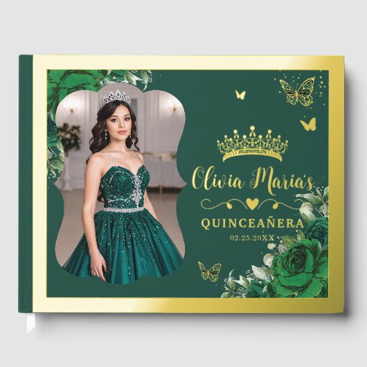 Emerald Green Floral Quinceanera 15 Sweet 16 Photo ゲストブック (正面)