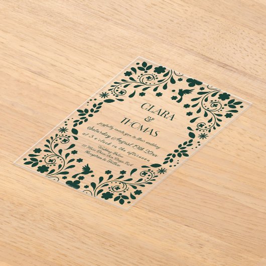 Emerald Green Floral Talavera Wedding アクリル招待状 (レイダウン)