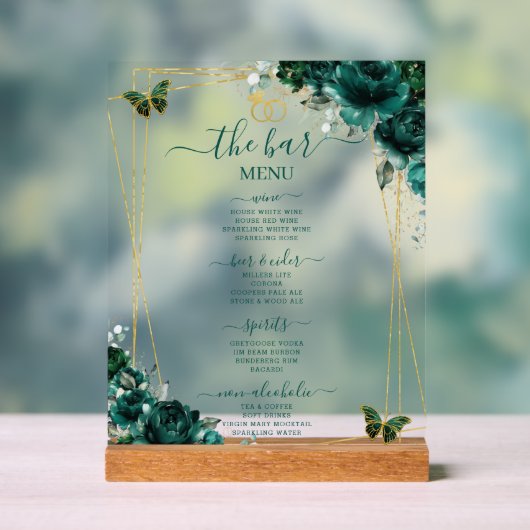 Emerald Green Floral Wedding Bar Cocktail Menu アクリルサイン (ニュートラル)