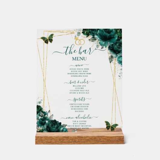 Emerald Green Floral Wedding Bar Cocktail Menu アクリルサイン (正面)