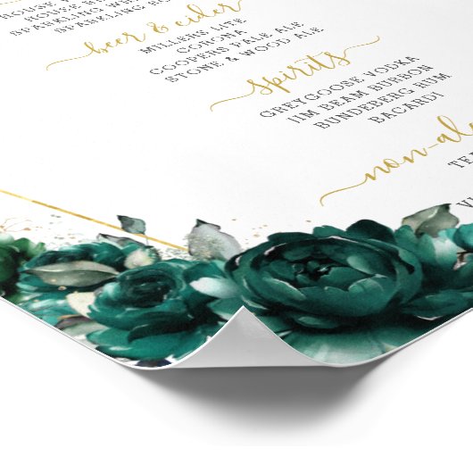 Emerald Green Floral Wedding Bar Cocktail Menu ポスター (角)