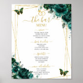 Emerald Green Floral Wedding Bar Cocktail Menu ポスター (正面)