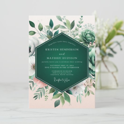 Emerald Green Flourishing Succulent Wedding 招待状 (スタンド正面)