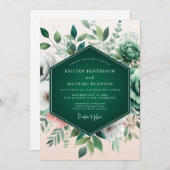 Emerald Green Flourishing Succulent Wedding 招待状 (正面/裏面)