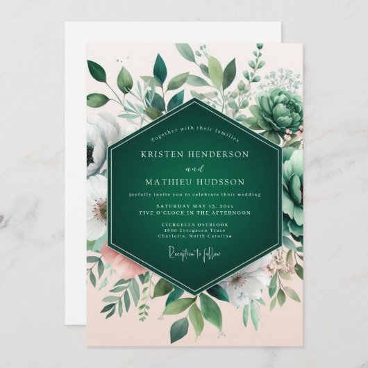 Emerald Green Flourishing Succulent Wedding 招待状 (正面/裏面)