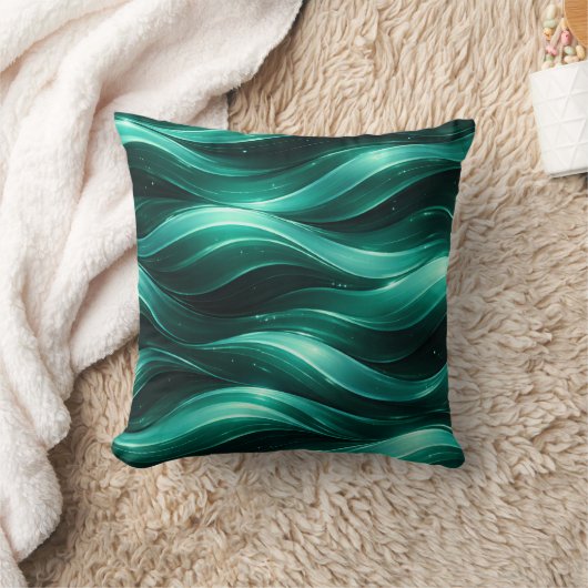 Emerald Green Fluid Wave Pattern Throw Pillow クッション (ブランケット)