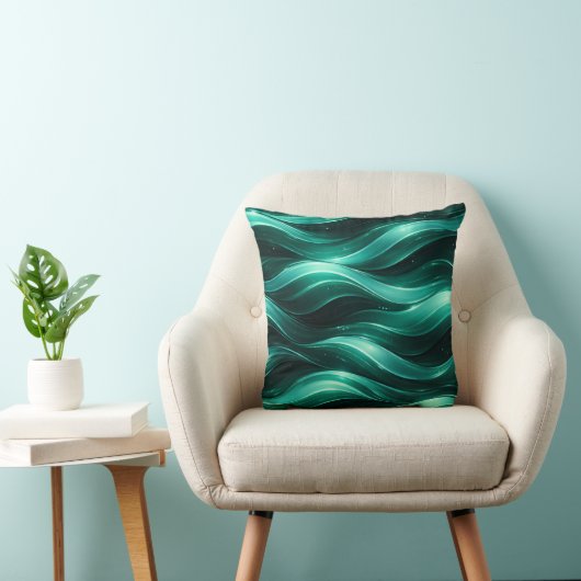 Emerald Green Fluid Wave Pattern Throw Pillow クッション (椅子)