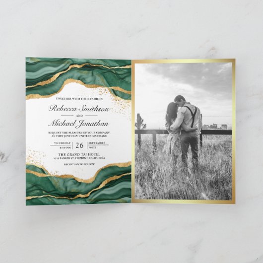 Emerald Green Gold Abstract Ink QR Code Wedding 招待状 (内部)