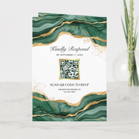 Emerald Green Gold Abstract Ink QR Code Wedding 招待状 (裏面)