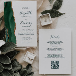 Emerald Green Gold Agate Script QR Code Wedding 招待状