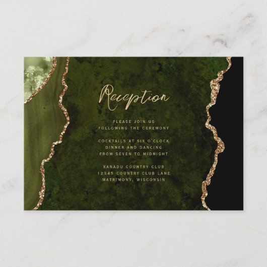 Emerald Green Gold Agate Script Wedding Reception エンクロージャーカード (正面)